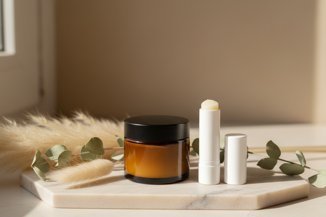 tallow cream in amber jar with lip balm in white tube in aesthetic setting